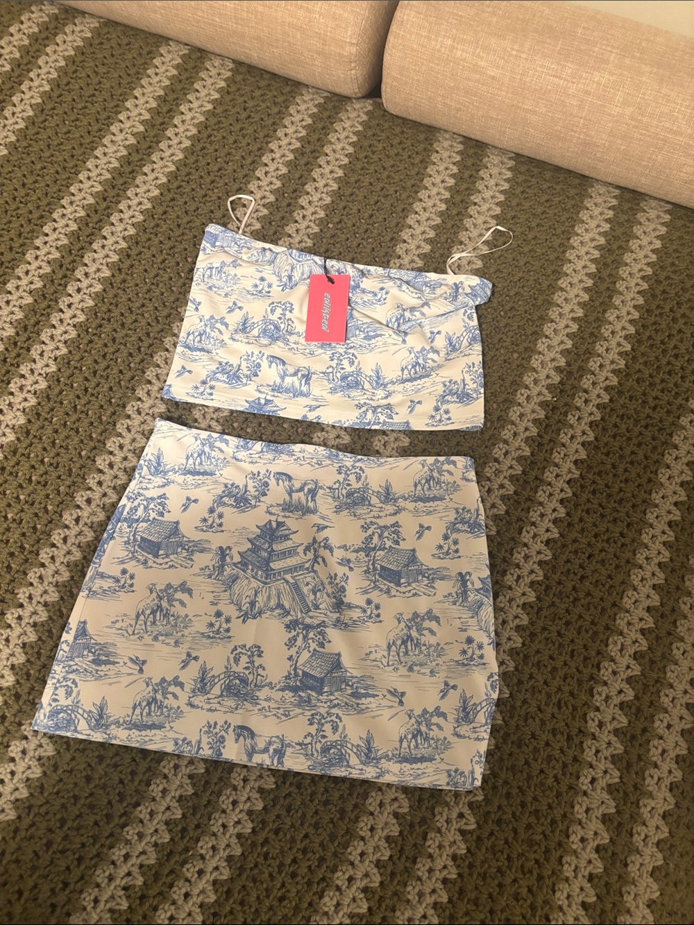 Edikted White and Blue Toile Mini Skirt Set
